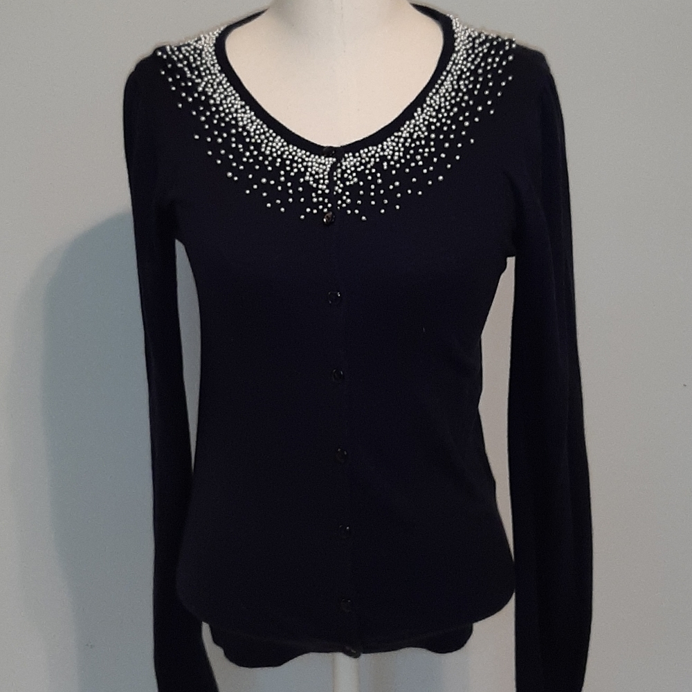 French Connection beaded pearl navy blue cardigan S